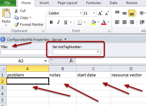 Excel should open up and you should see the Document Information Panel at the top asking for  a Title and ServiceTagNumber.