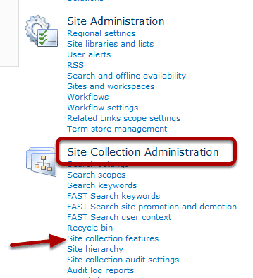Confirm the feature settings of the target SharePoint Site