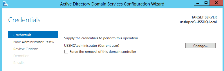 007 credentials demote domain controller in windows server 2012 AD DS