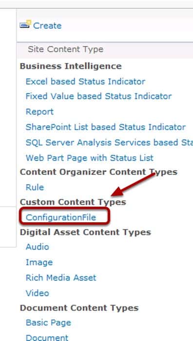 ConfigurationFile Content Type under Custom Content Types