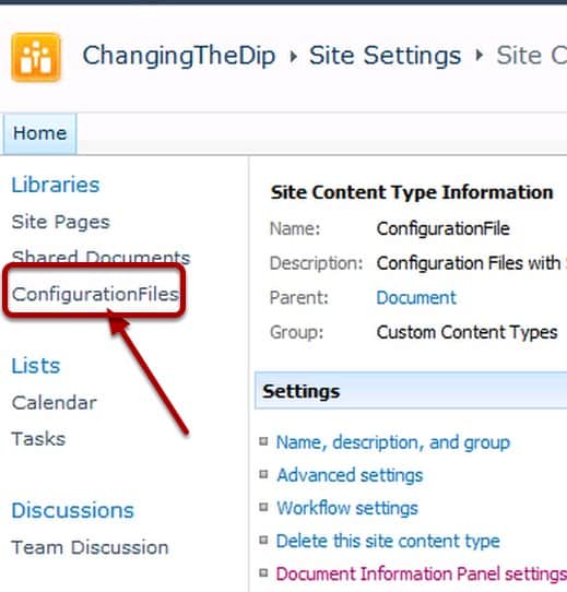 ConfigurationFiles link in the quick launch to go to the Document Library