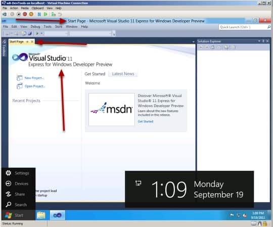 Visual Studio 11 Express for Windows Developer Preview Start Page