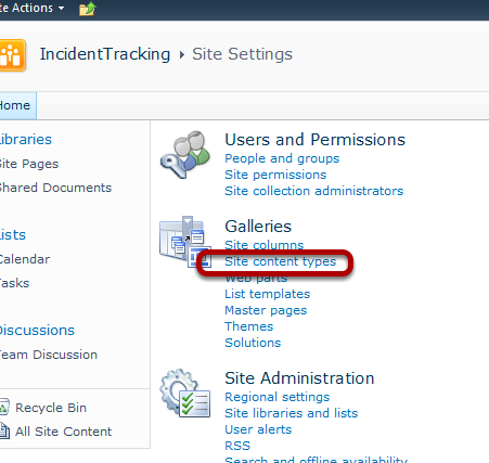 ITIL SharePoint 2010 Site content types under Galleries