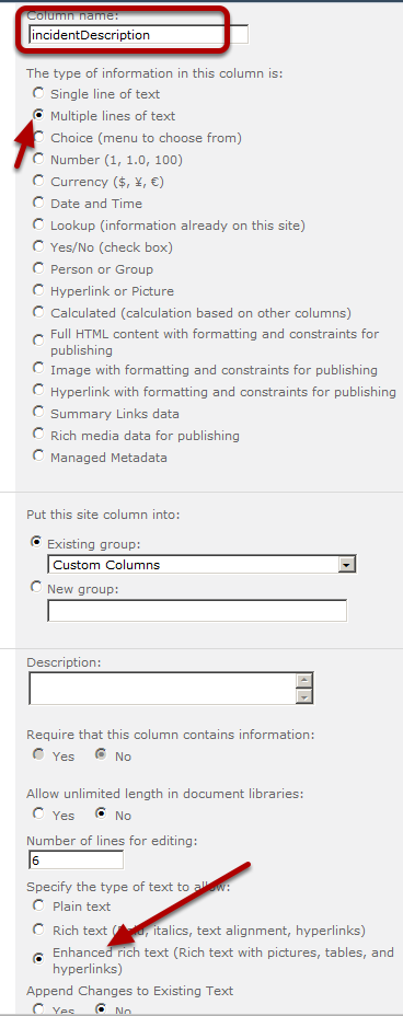 create the new site column incidentDescription Enhanced rich text