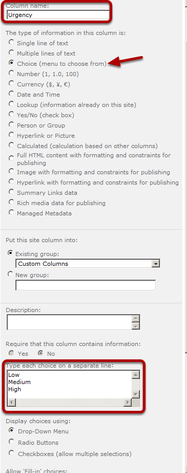 create the new site column Urgency choice create the new site column Urgency choice