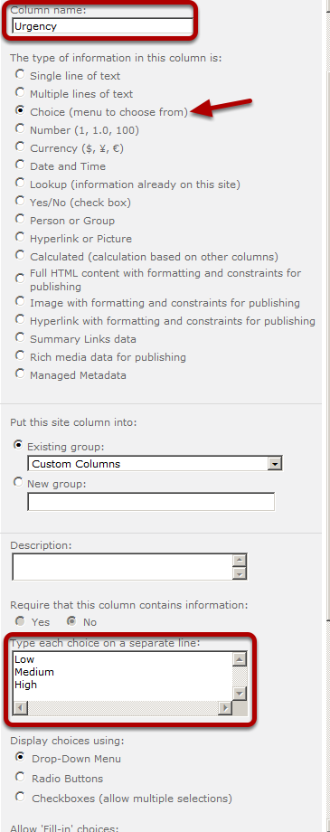 create the new site column Urgency choice 