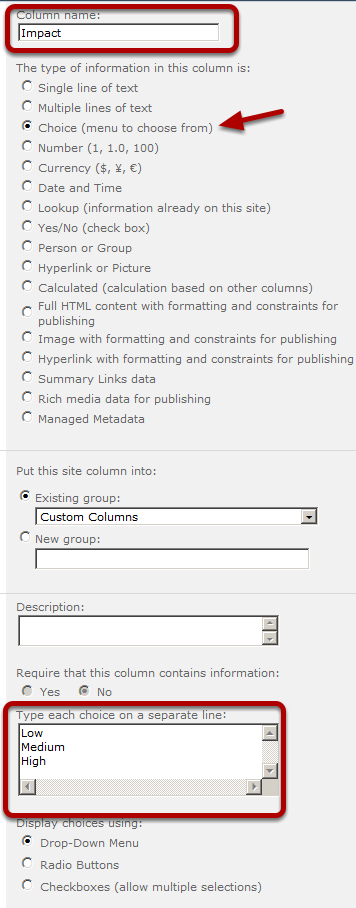 new site column Impact choice 