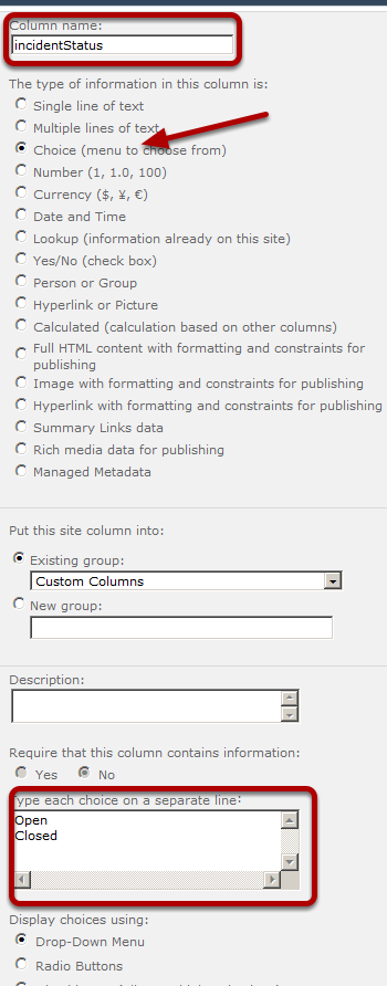 create the new site column incidentStatus create the new site column incidentStatus