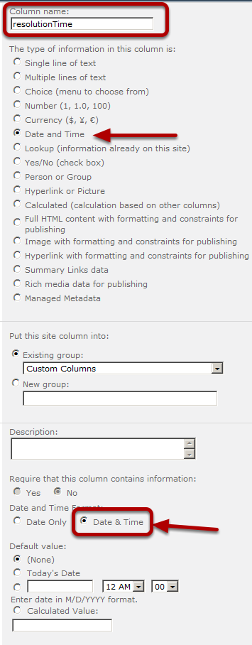 create the new site column resolutionTime 
