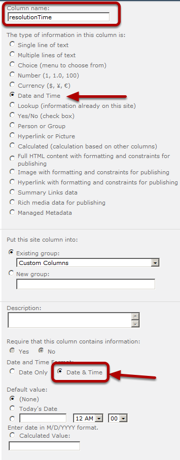 create the new site column resolutionTime create the new site column resolutionTime