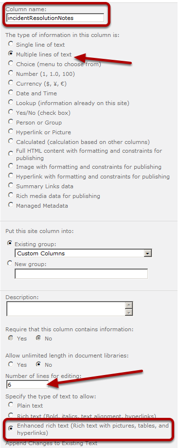 add the new site column incidentResolutionNotes Enhanced rich text