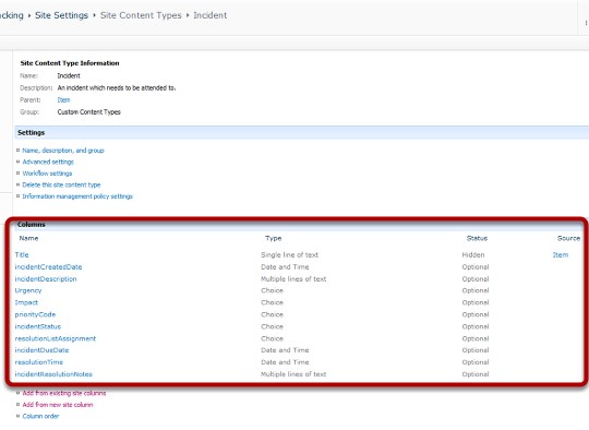 review the Incident Content type Settings Page 