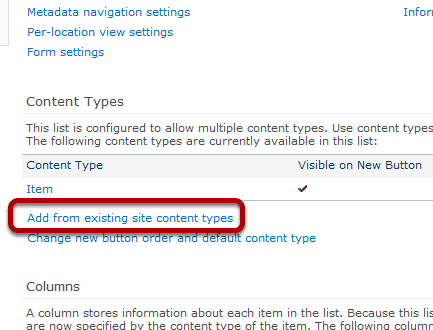 Add from existing site content types Add from existing site content types