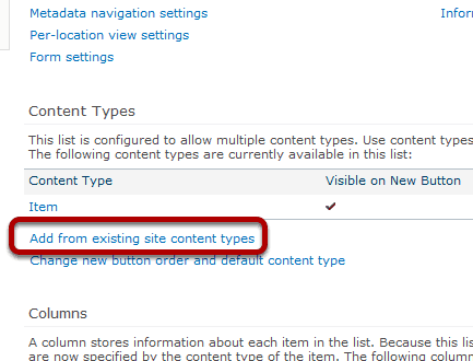Add from existing site content types