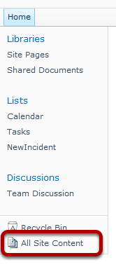 All Site Content in the Quick Launch