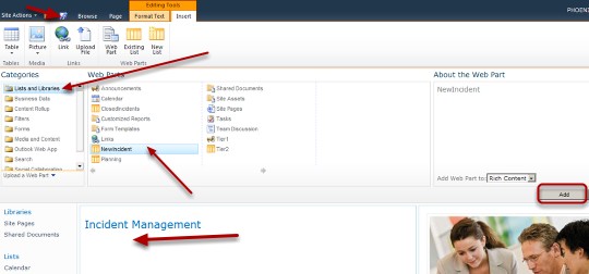 insert a NewIncident Web Part