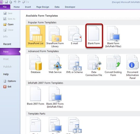 Blank Form in Info Path Designer 2010