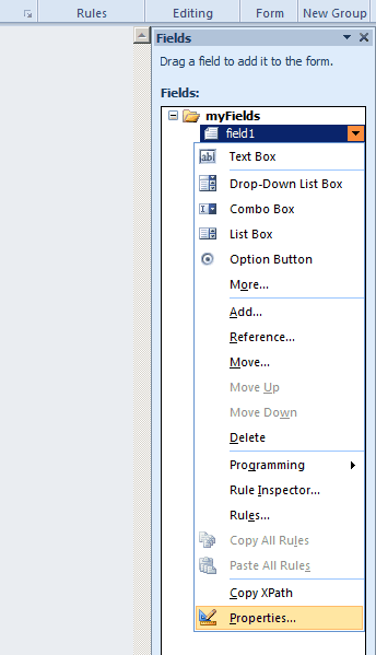 Fields window for field1 and choose properties