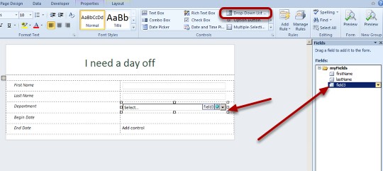 Add a Drop-Down List control Info Path Designer