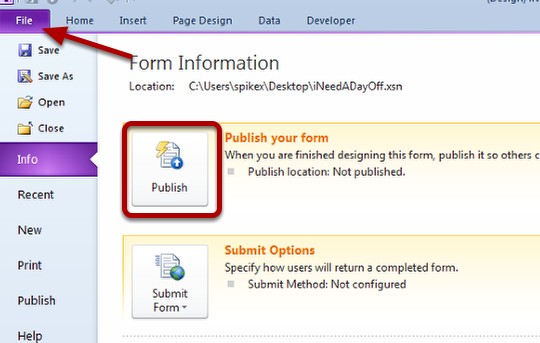 Info Path 2010 Designer to Publish the Form