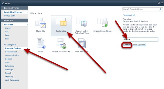 SharePoint 2010 Choose-Custom-List-and-Create