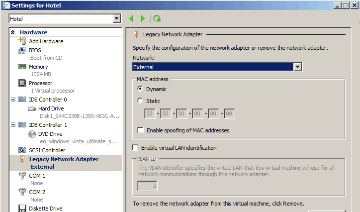 Add external network Installing Windows Vista in Hyper-V