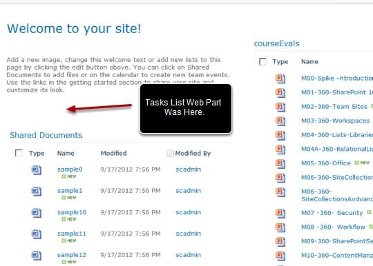 SharePoint 2010 bserve_the_page_with_the_tasks_web_part_closed