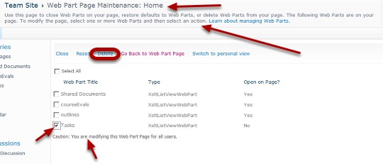 SharePoint 2010 Select the Tasks List Web Part and Click Delete