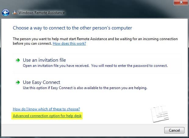 advanced connection option help desk offer windows remote assistance Win 7