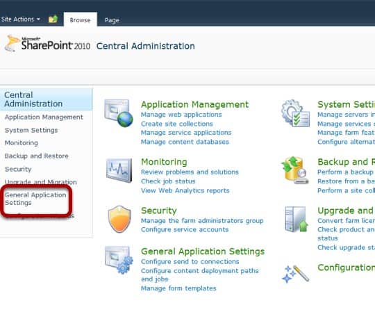 SharePoint 2010 Go to Central Administration General Application Settings