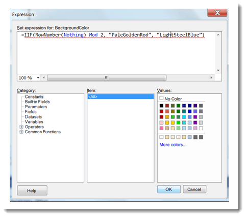 Expression Builder window altering row colors in SQL Server SSRS