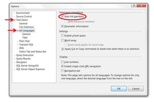 Options How to Disable Intellisence in SSMS