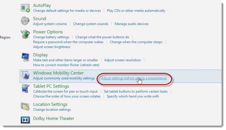 presentation mode mobility center