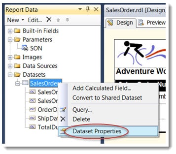 Selecting Dataset property in SSRS SQL Server Reporting Services
