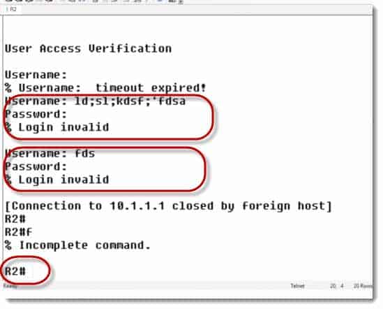 wrong user name and password in Cisco IOS